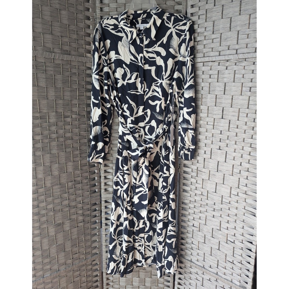 Chico's Shirt Dress Navy White Abstract Leaf Print Silk Blend Sz 2.5 US 14 NWT